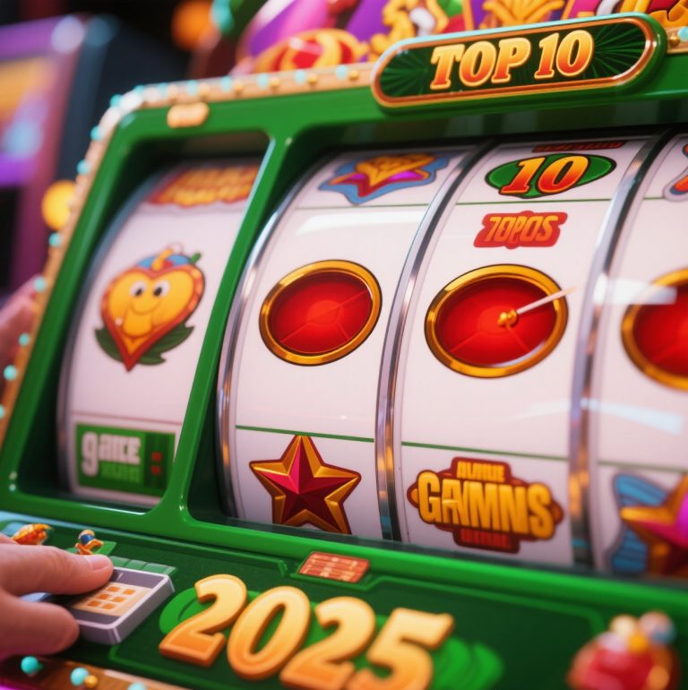 Colorful slot machine reels with bright lights and jackpot symbols, representing the most popular online slot games in 2025 with high RTP and exciting themes
