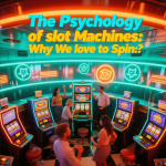 Close-up of a slot machine spinning reels with colorful lights and symbols