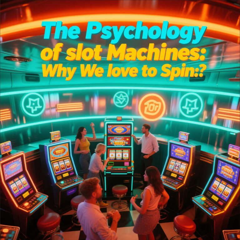 Close-up of a slot machine spinning reels with colorful lights and symbols
