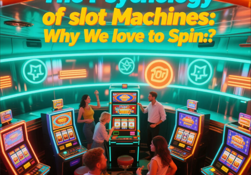 Close-up of a slot machine spinning reels with colorful lights and symbols