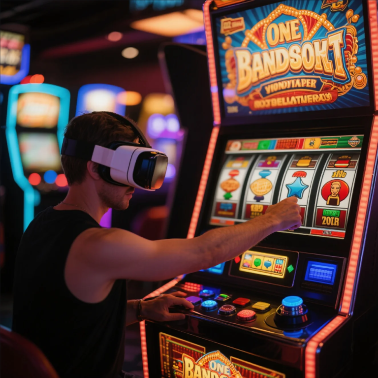 Collage of old mechanical slot machines, classic video slots, and futuristic VR slot gaming environments