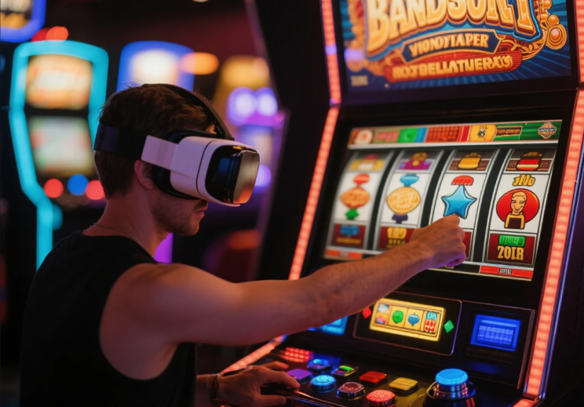 Collage of old mechanical slot machines, classic video slots, and futuristic VR slot gaming environments