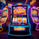 Colorful slot machine screen featuring various themes like mythology, music, and movies with glowing reels