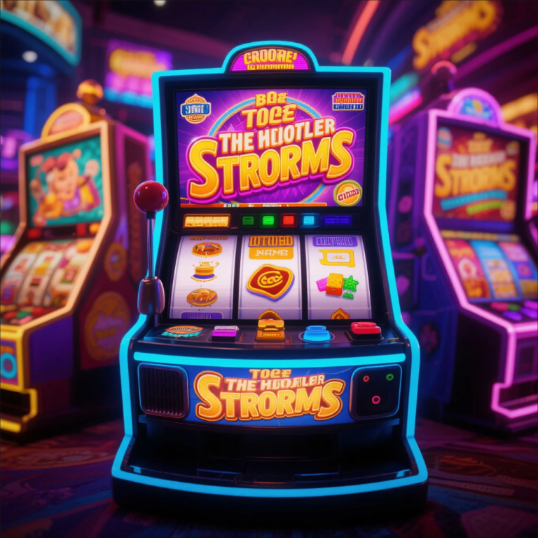 Colorful slot machine screen featuring various themes like mythology, music, and movies with glowing reels