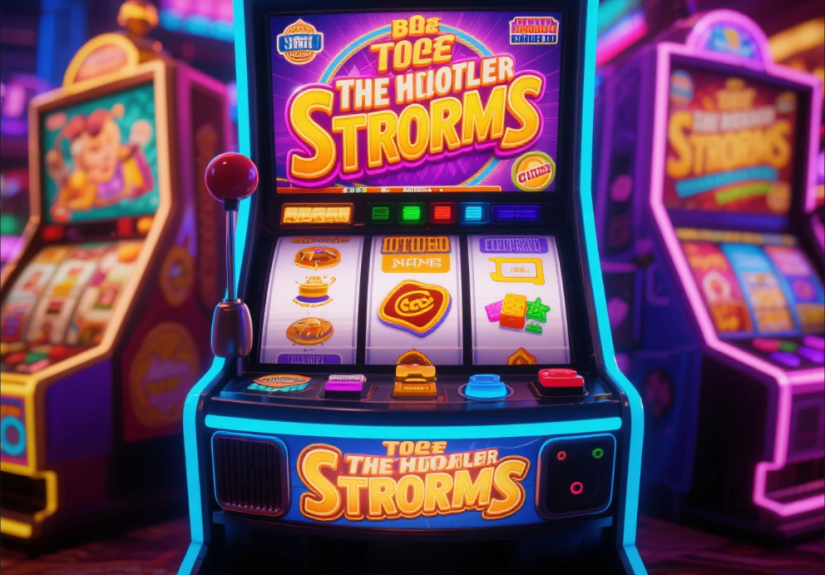 Colorful slot machine screen featuring various themes like mythology, music, and movies with glowing reels