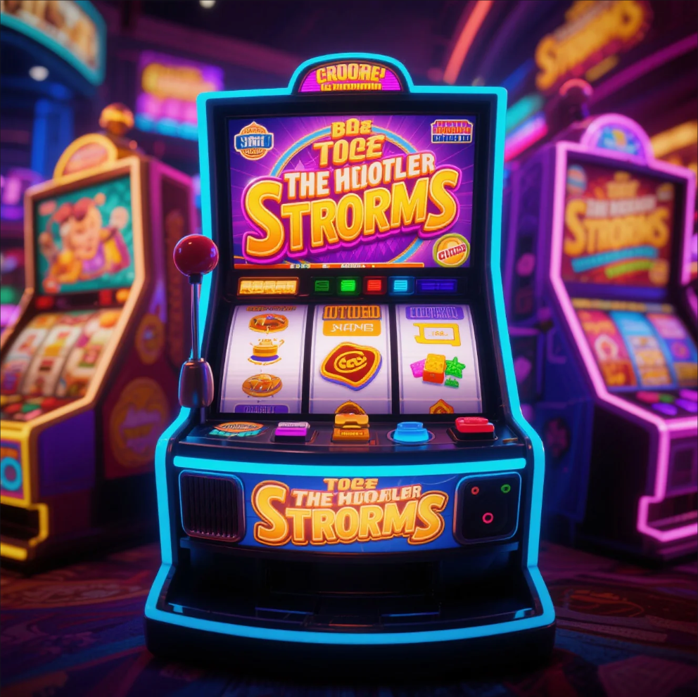 Colorful slot machine screen featuring various themes like mythology, music, and movies with glowing reels