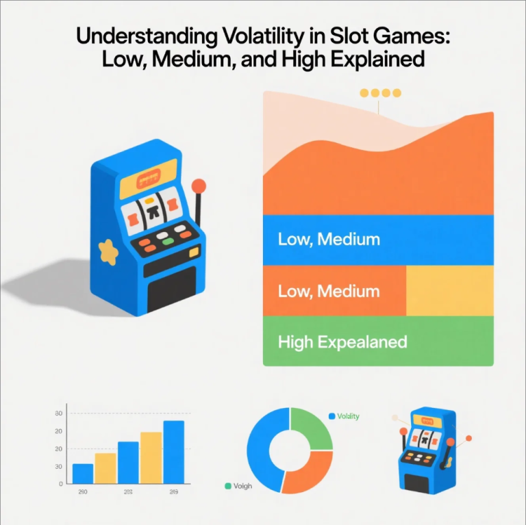 Diagram showing low, medium, and high volatility in slot games with examples of payouts