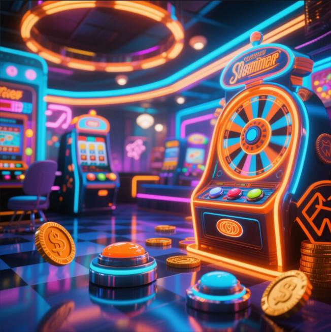 Colorful slot machine reels with various themes like adventure, fantasy, and pop culture