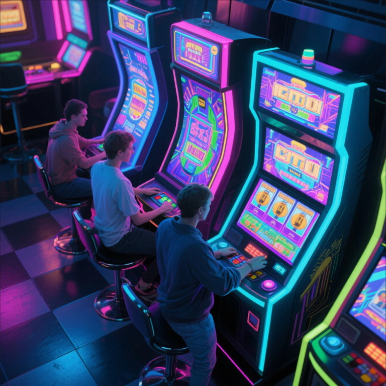 Slot machine with vibrant graphics and dynamic audio cues
