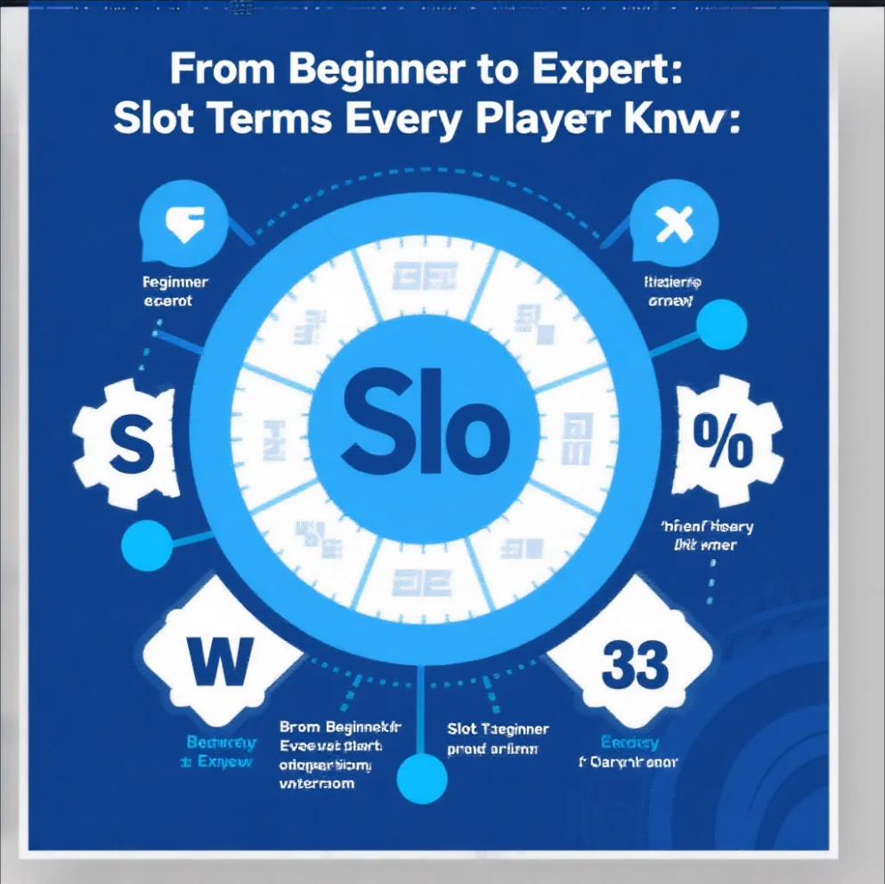 Illustration of slot machine symbols and terms like wild, scatter, and jackpot
