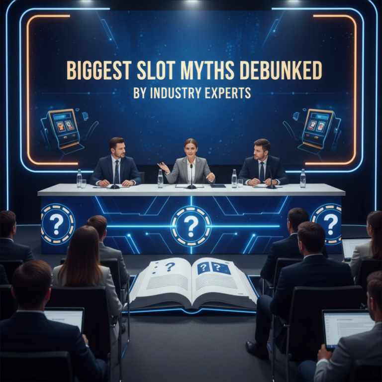 Casino slot machine with icons highlighting common myths and truths
