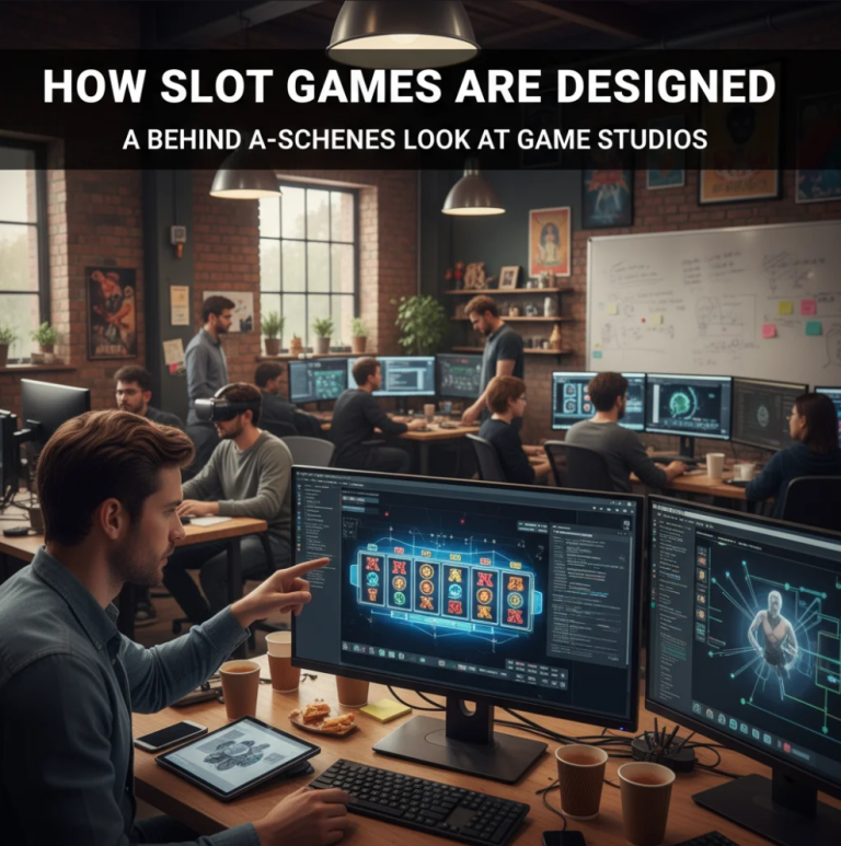 Game designers creating slot visuals and math models in a modern studio environment