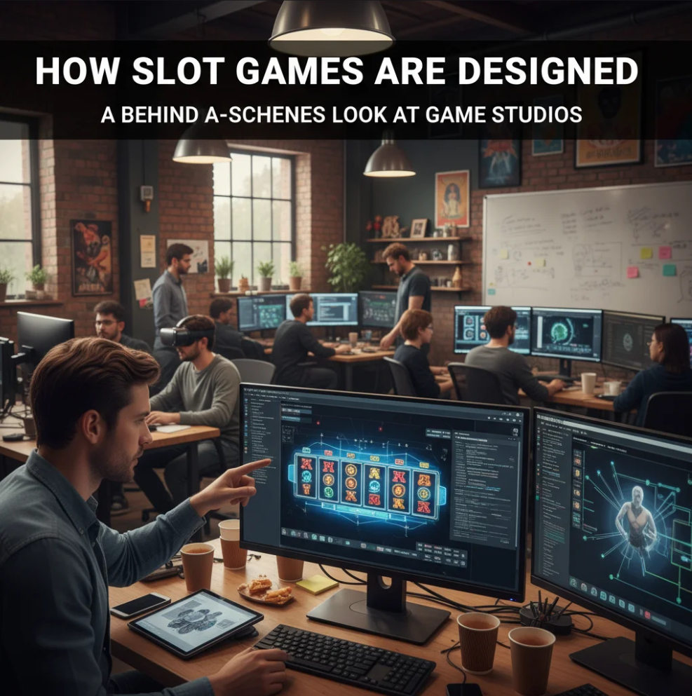 Game designers creating slot visuals and math models in a modern studio environment