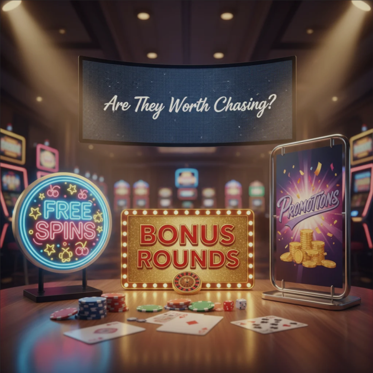 A digital slot machine screen with free spins and bonus icons, illustrating online casino promotions and rewards.