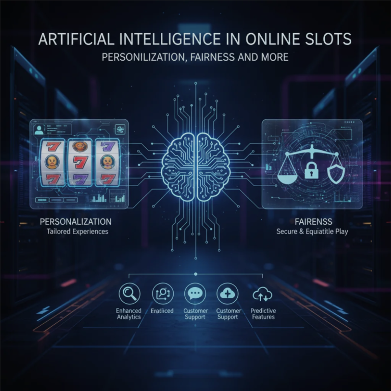 A futuristic online slot machine interface powered by artificial intelligence, showcasing personalization, fairness indicators, and advanced features.