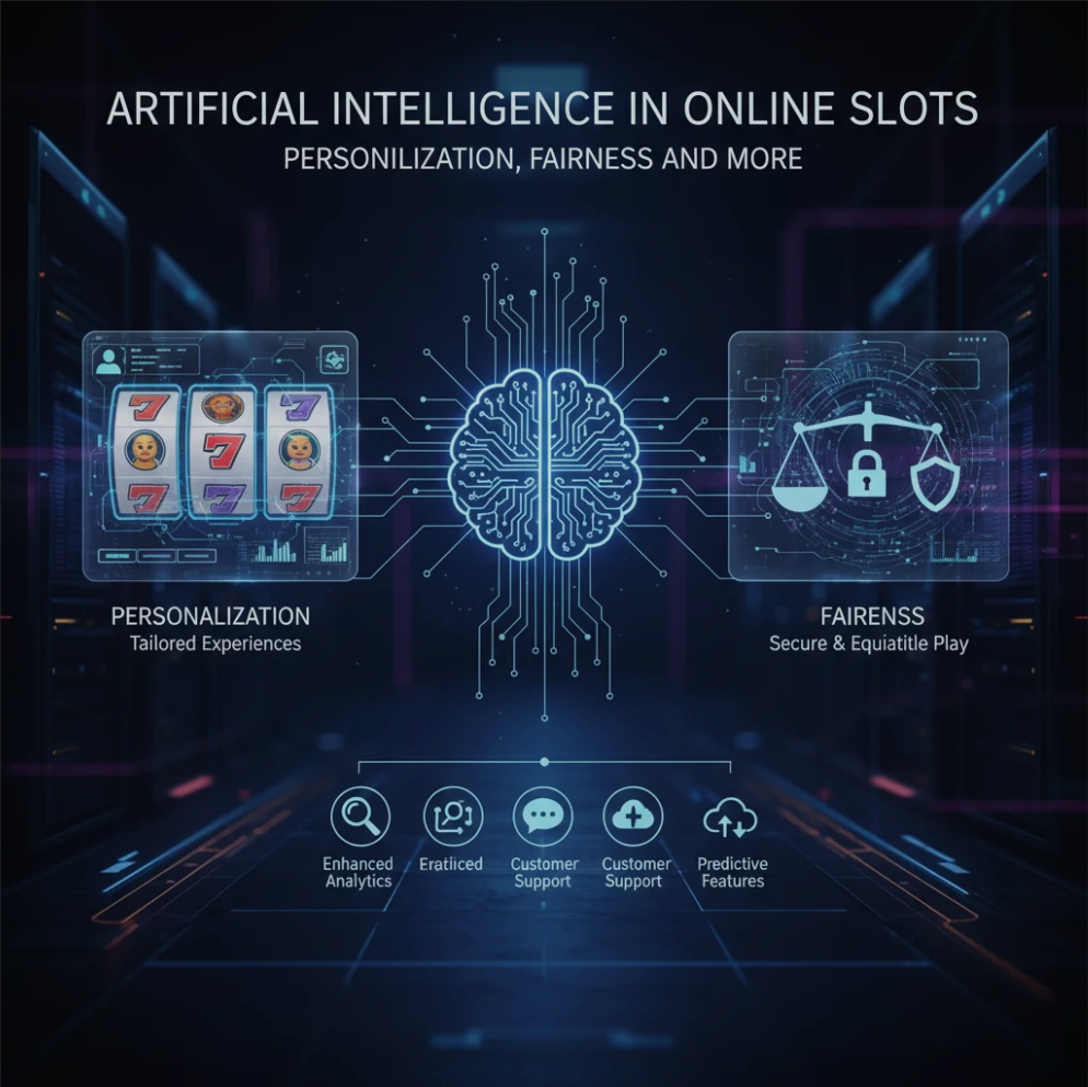 A futuristic online slot machine interface powered by artificial intelligence, showcasing personalization, fairness indicators, and advanced features.