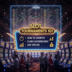 Players competing in a slot tournament with leaderboard and slot machines in the background
