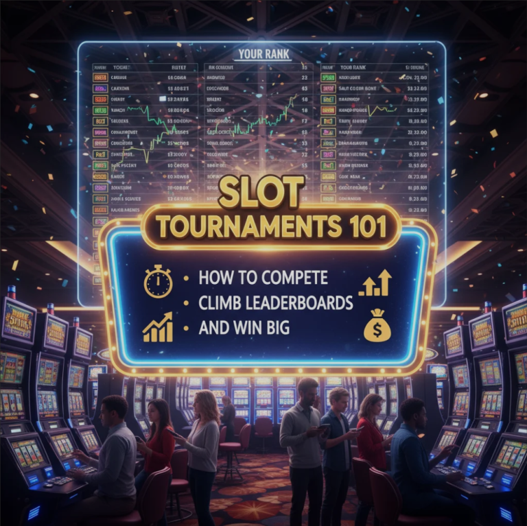Players competing in a slot tournament with leaderboard and slot machines in the background