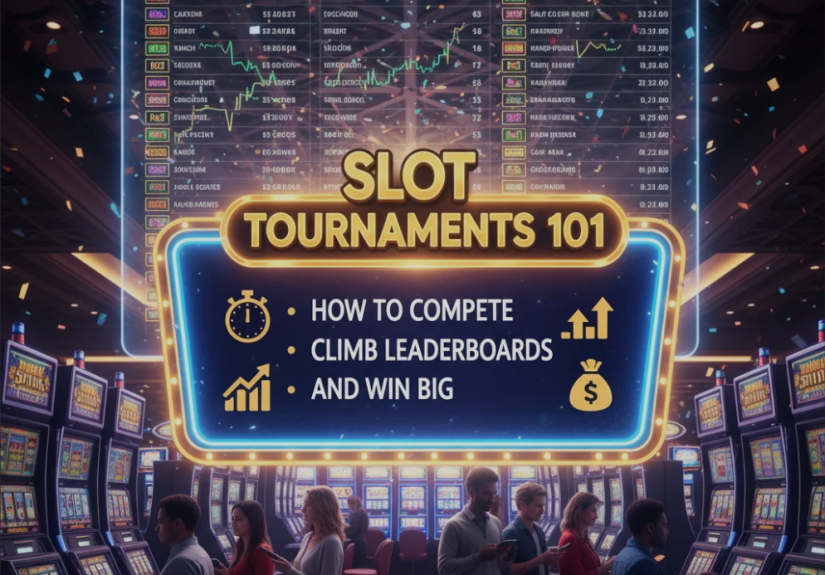 Players competing in a slot tournament with leaderboard and slot machines in the background