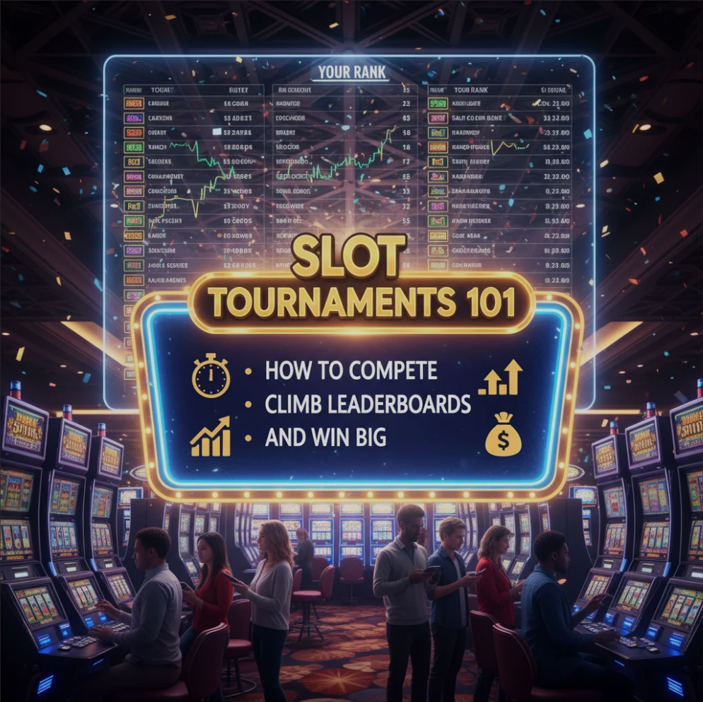 Players competing in a slot tournament with leaderboard and slot machines in the background