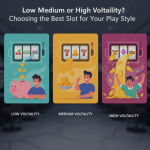 Slot machine reels showing symbols, illustrating low, medium, and high volatility gameplay