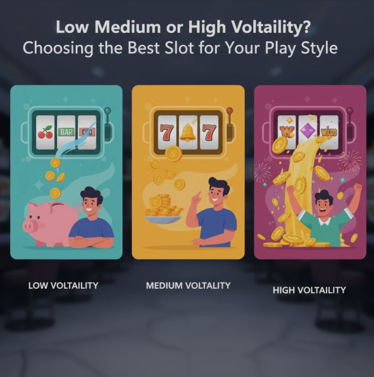 Slot machine reels showing symbols, illustrating low, medium, and high volatility gameplay
