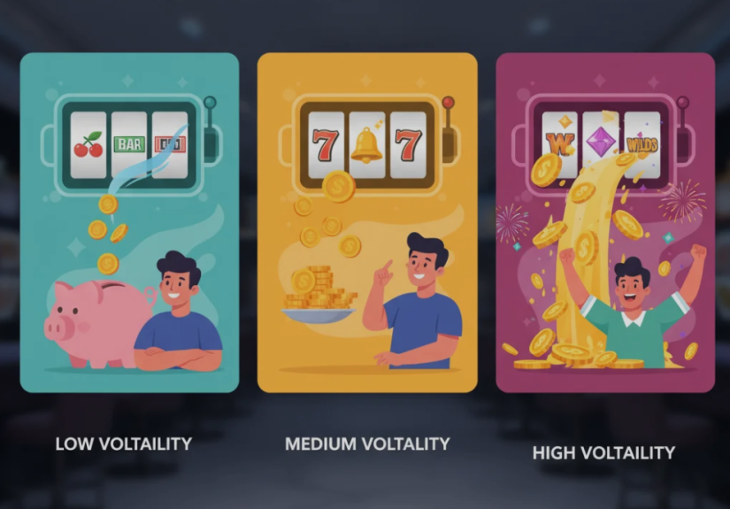 Slot machine reels showing symbols, illustrating low, medium, and high volatility gameplay