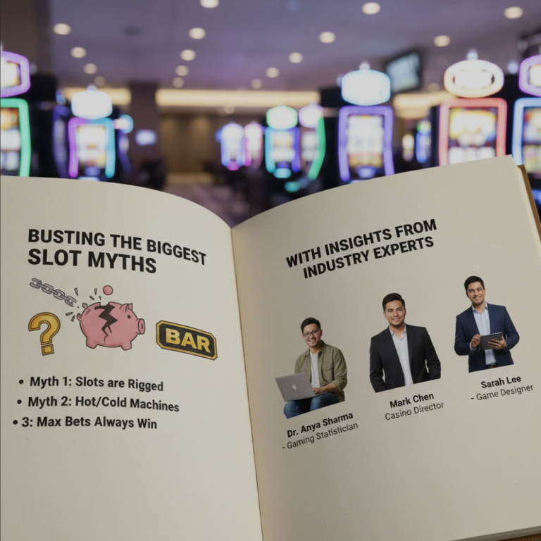 Slot machine with reels spinning and bright lights, symbolizing common slot myths