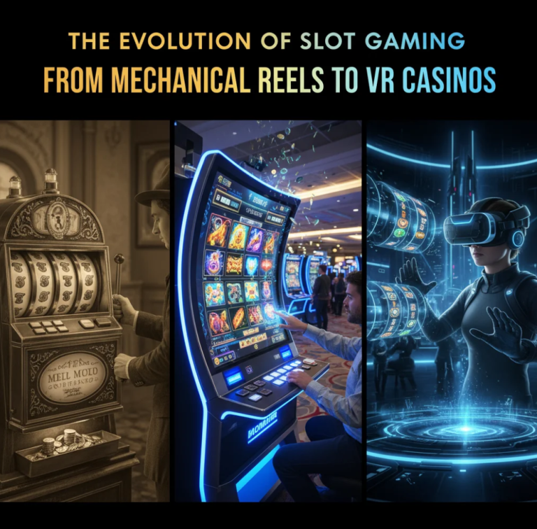 Player wearing VR headset interacting with virtual slot machines