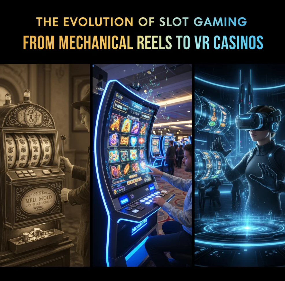 Player wearing VR headset interacting with virtual slot machines
