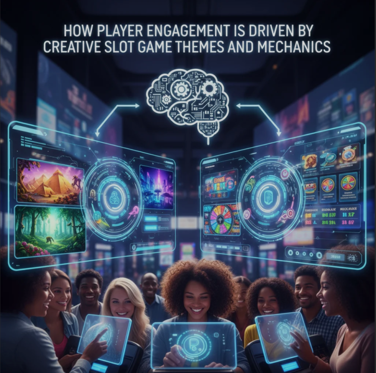 Colorful slot machine screen showcasing creative game theme and interactive features