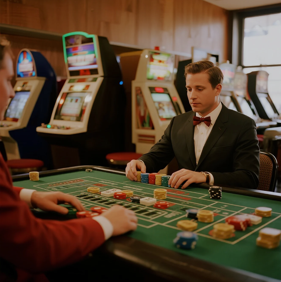 A casino table with cards and chips next to colorful slot machines