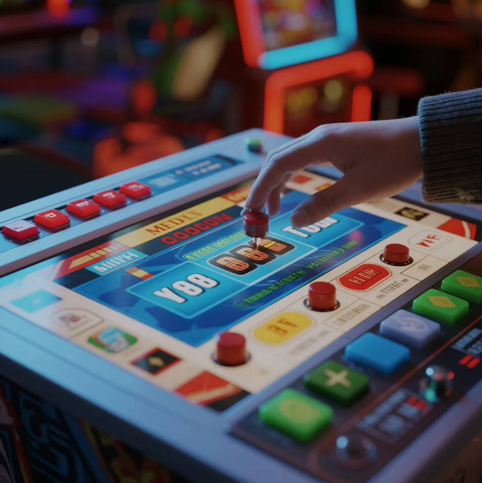 slot machine with colorful reels and different volatility options