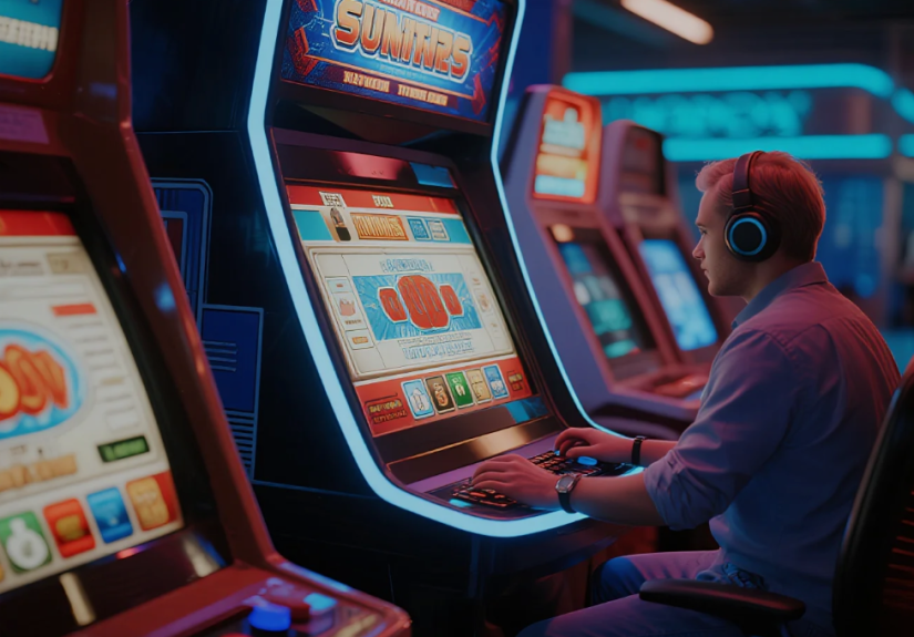 High-resolution slot machine game screen showing vibrant graphics and dynamic sound-wave effects