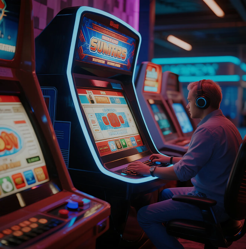 High-resolution slot machine game screen showing vibrant graphics and dynamic sound-wave effects