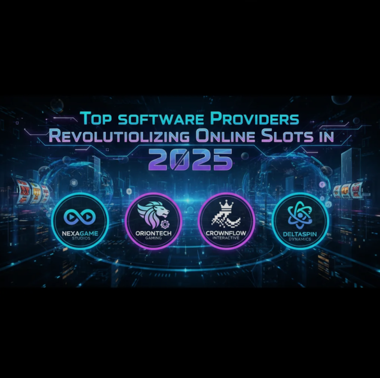 Digital slot machine reels on a smartphone screen, surrounded by icons of software developer logos