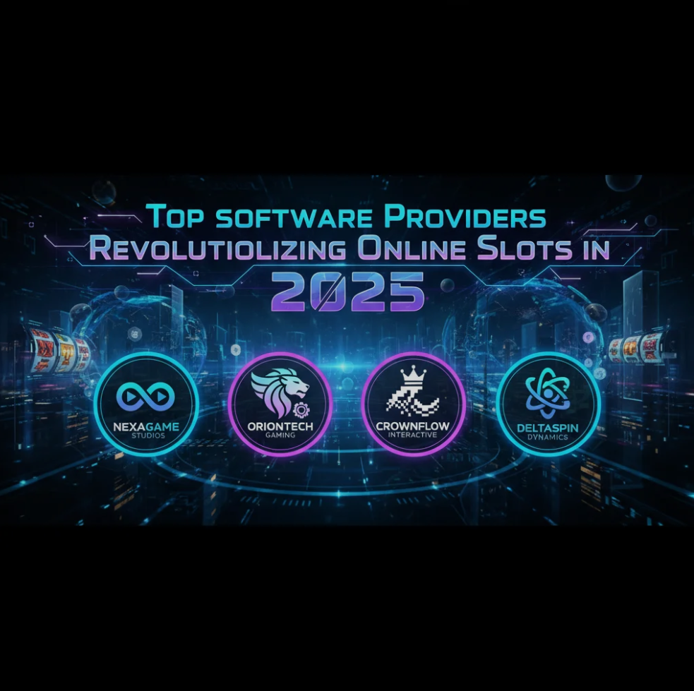 Digital slot machine reels on a smartphone screen, surrounded by icons of software developer logos