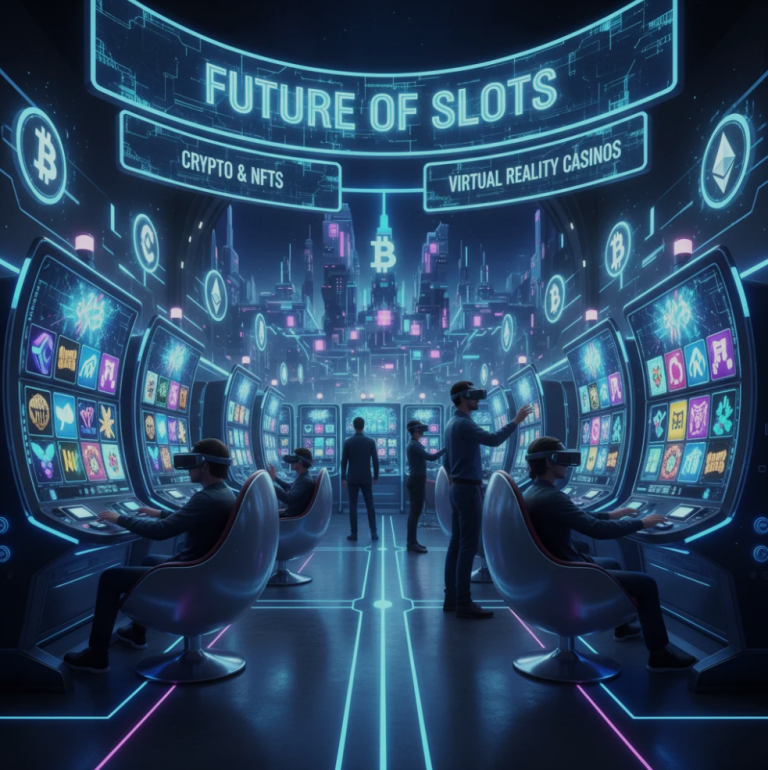 “Futuristic online slot machine surrounded by cryptocurrency symbols, NFT icons, and VR headset elements, representing next-gen casino technology.”