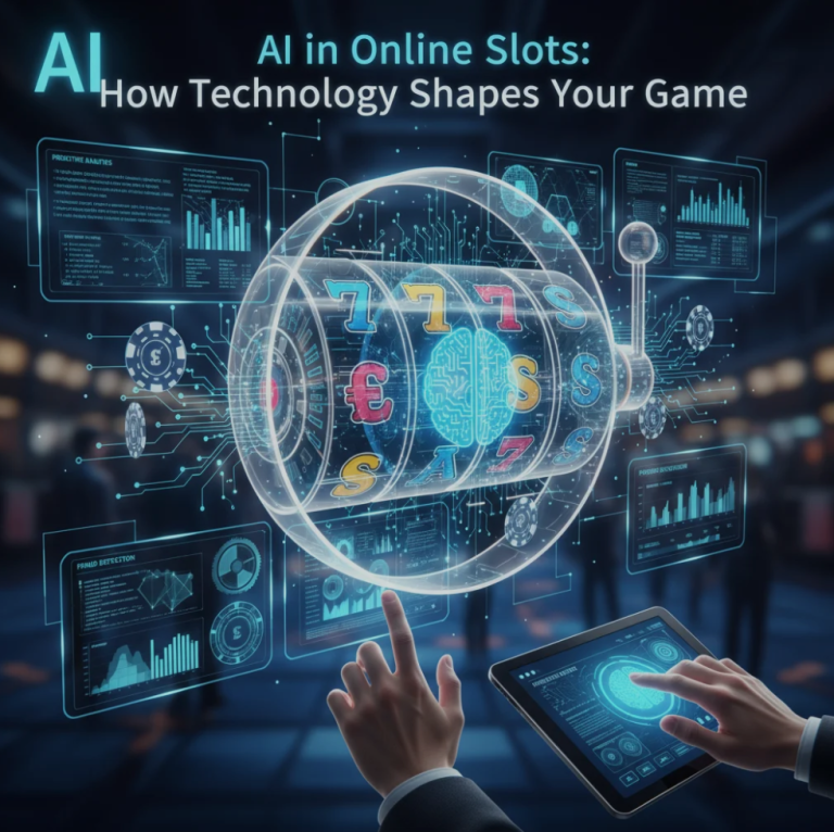 Futuristic online slot machine with AI graphics, data analytics overlays, and digital symbols representing artificial intelligence in gaming