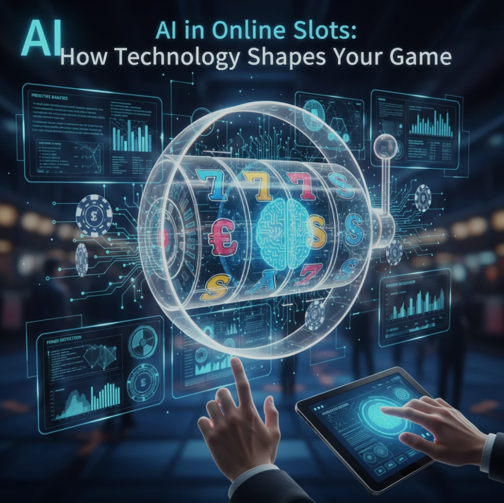 Futuristic online slot machine with AI graphics, data analytics overlays, and digital symbols representing artificial intelligence in gaming