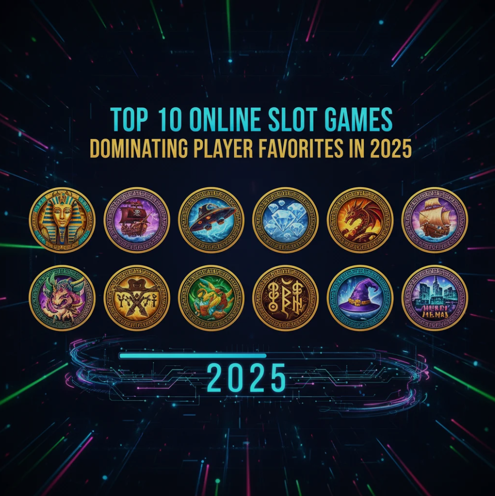 Collage of the top online slot games of 2025 showing vibrant reel graphics, bonus features, jackpots and popular game symbols
