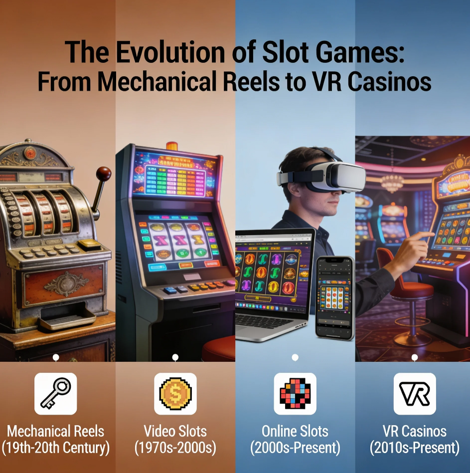Modern VR slot machine with digital graphics next to classic mechanical slot reels