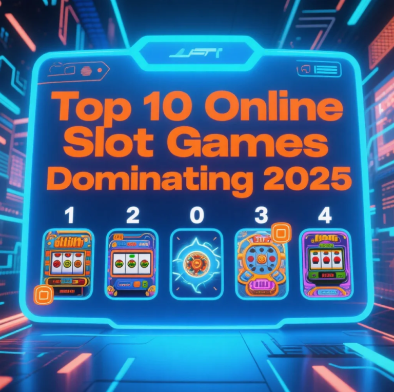 A futuristic slot machine screen glowing with neon lights, showing reels, jackpot icons, and 2025-themed visuals.