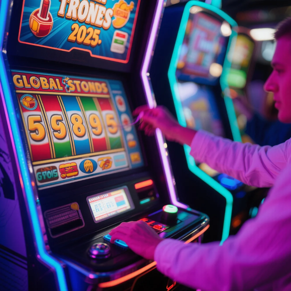 Modern 2025 slot machine interface showcasing futuristic reels, bonus features, and global gaming trends
