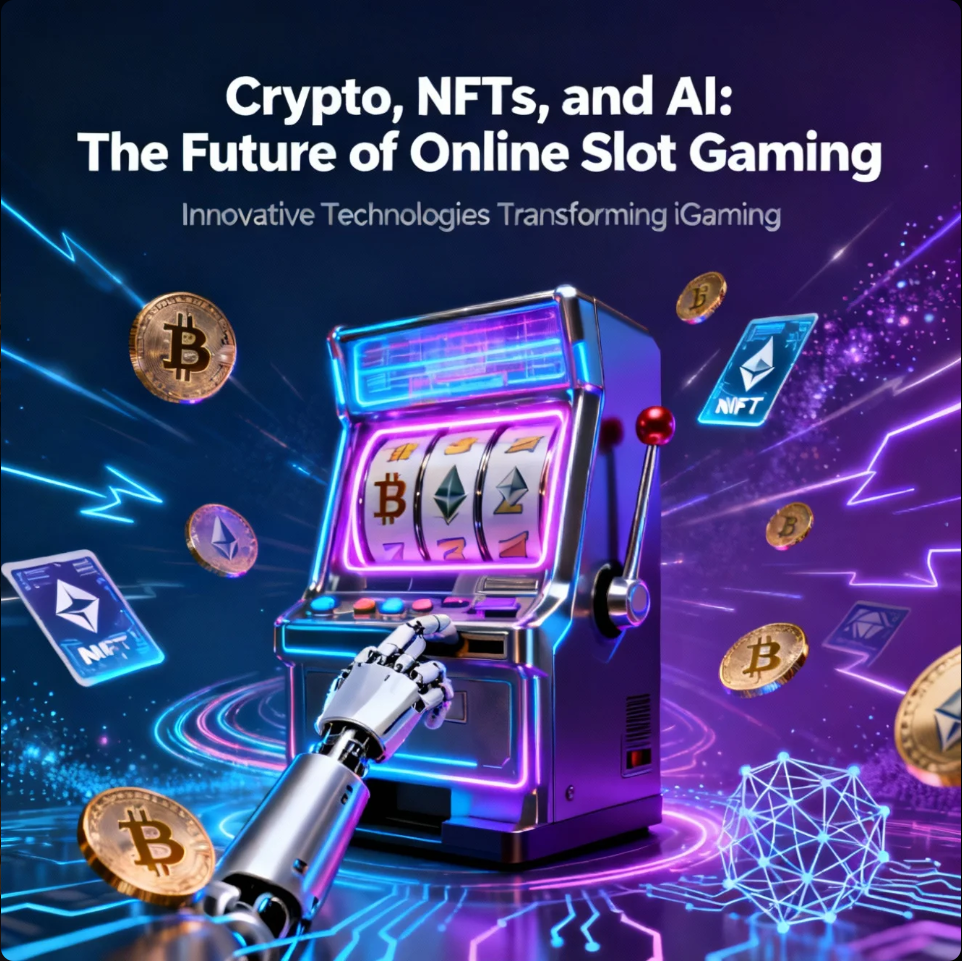 Futuristic online slot interface showing cryptocurrency icons, NFT art, and AI-generated graphics